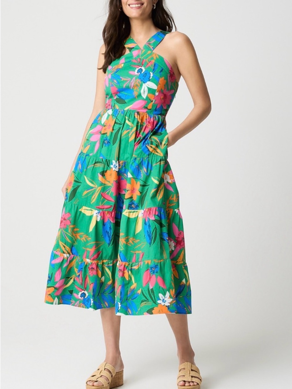 J. Crew Tall printed / floral tiered halter midi dress. Large